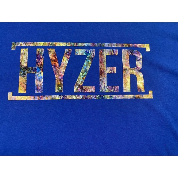 Disc Golf Shirt HYZER HOLOGRAPHIC RAINBOW Vinyl Custom Logo XL T-Shirt BLUE - Picture 2 of 6